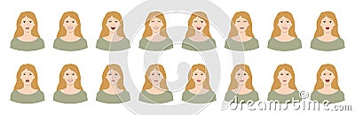 Set of white blonde woman emotions. Variations of female facial expressions. Smile, happy, surprised, sad, dissatisfied, angry, Vector Illustration