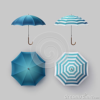 Set of White Blue Striped Round Rain Umbrella Vector Illustration