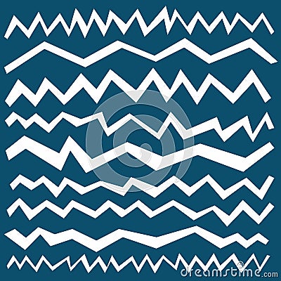 Set of a white broken zigzag line. Wide strokes isolated on blue. Irregular elements. Square tile, modern design style. Line curve Stock Photo