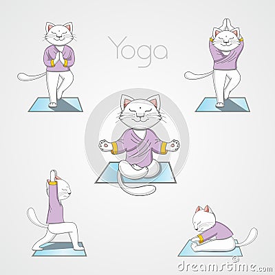 A set of white cat characters doing yoga in various poses. Vector Illustration