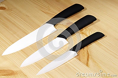 Set of white ceramic knives Stock Photo