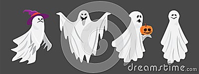 Set of White cloth ghost . Halloween cartoon characters . Gray isolate background . Vector Vector Illustration