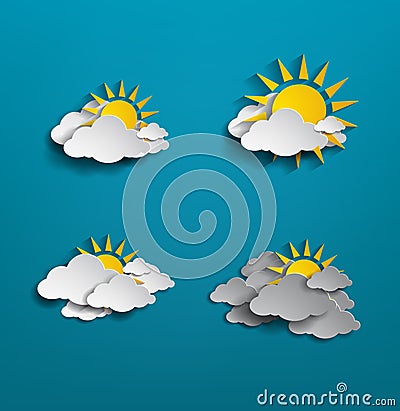 Set of white cloud and sun on blue background Vector Illustration