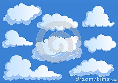 Set of white clouds, cloud icons on blue background Vector Illustration