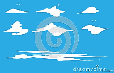 Set of white clouds vector design illustration isolated on blue sky. Cloud icon on blue background. Vector Illustration