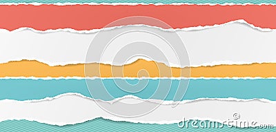 Set of white and colorful horizontal ripped paper strips, torn note paper for text or message on turquoise squared Vector Illustration