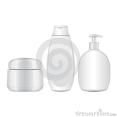 Set of White Cosmetic Bottles. Realistic Tube Or Container For Cream, Ointment, Lotion. Cosmetic Vial for Shampoo Vector Illustration