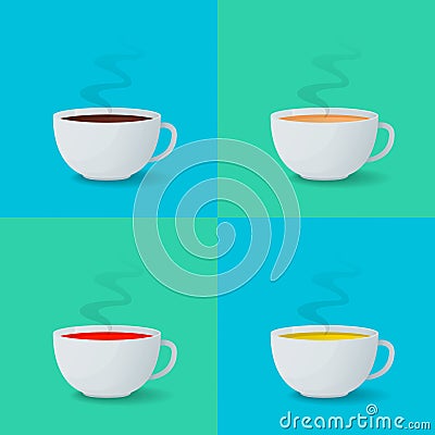 Set of white cups with espresso, coffee with milk, black and green tea. Vector Illustration