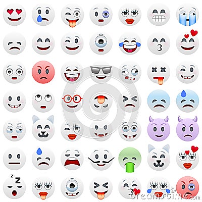 Set of White Emoticons. White Smile Icons Vector Illustration