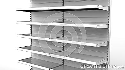 Set of white empty store shelves. Retail double shelf rack. Showcase display. Mockup template ready for your design. 3D rendering Cartoon Illustration