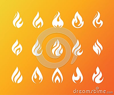 Set of white fire flame icons and logo isolated on orange background. Vector Illustration