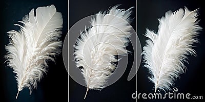 Set of white fluffy feathers on black background. Close-up digital illustrations. Generative AI Cartoon Illustration