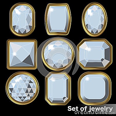 Set of white gems diamond of various shapes. Vector Illustration
