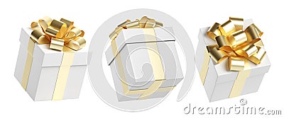 Set of white gift box with gold ribbon and bow 3D rendering Cartoon Illustration