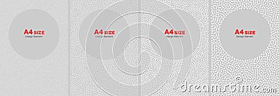 Set of white halftone dots frames. Circles on grey backgrounds. A4 size, a4 format. Vector illustration. Vector Illustration