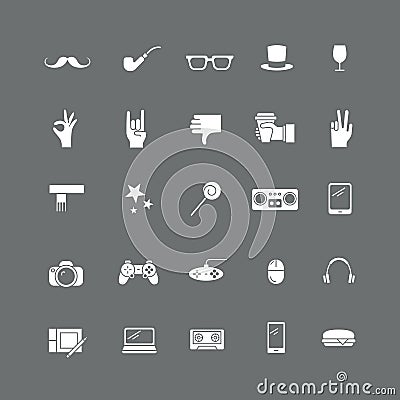 Set of white icon with hipster items. Vector Illustration