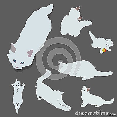 Set with white kittens. cute cats on grey Vector Illustration