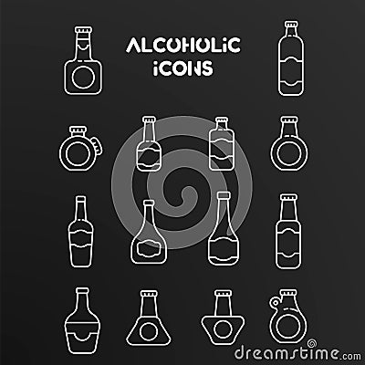 Set of white linear vector icons of alcoholic bottles Vector Illustration