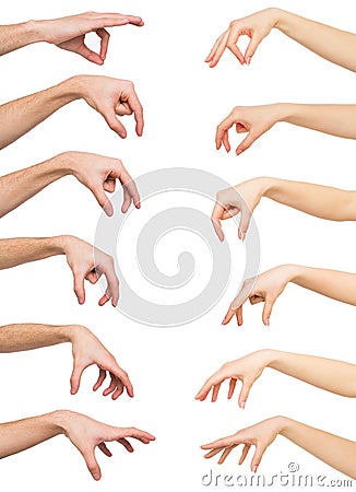 Set of white man and woman hands. Hand picking up something Stock Photo