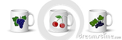 Set of White Mugs with Berries Vector Illustration
