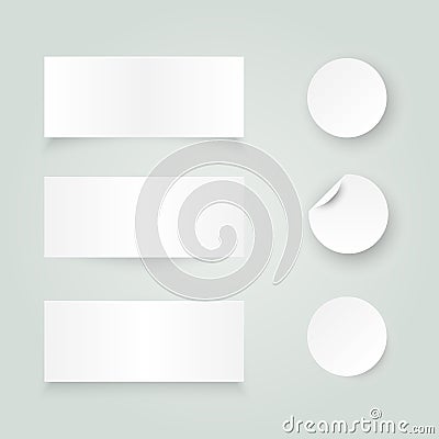 Set of white paper stickers on white background. Round, rectangular Vector Illustration