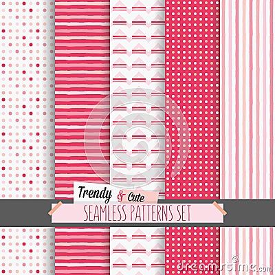 Set of white and pink dotted, stripes and chevron seamless patterns Vector Illustration
