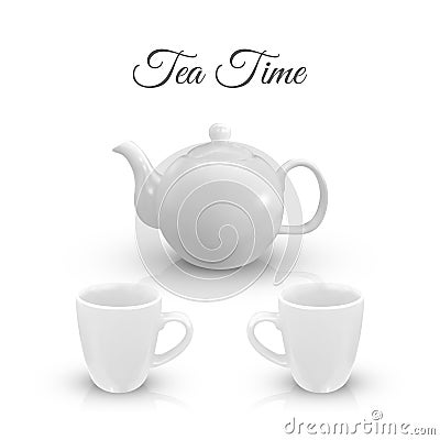 Set of white porcelain kettle and cup isolated on white background. illustration Stock Photo