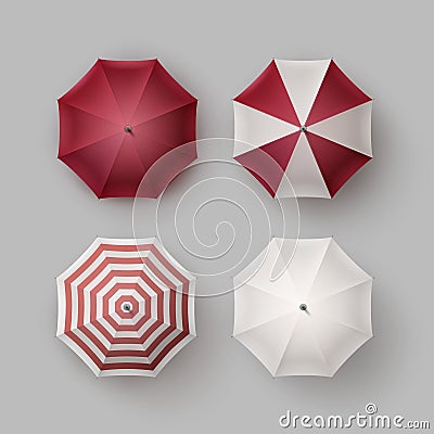 Set of White Red Opened Umbrella Parasol Sunshade Vector Illustration