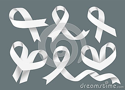 Set of White ribbons. Lung Cancer Awareness Month. Vector Illustration