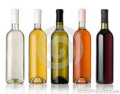 Set of white, rose, and red wine bottles. Stock Photo
