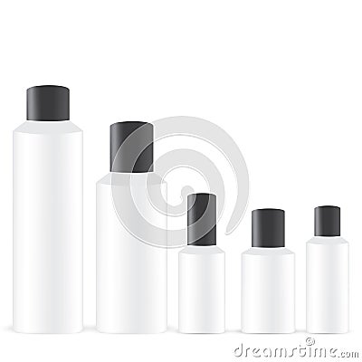 Set of white round bottle container with black lid Vector Illustration