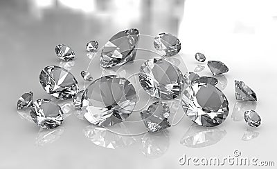 Set of white round diamonds on glossy surface Stock Photo