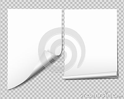 Set of white sheet of paper with bent corner, isolated on transparent background Vector Illustration