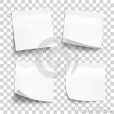 Set of white sheets of note paper on transparent fone Vector Illustration