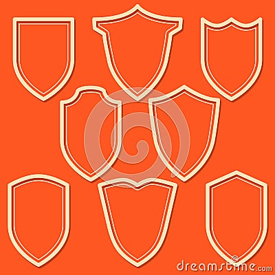 Set of white shield icons. Outline security signs on orange background. Vector Illustration