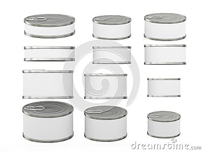 Set of white short cylindrical tin cans in various sizes, clipp Stock Photo