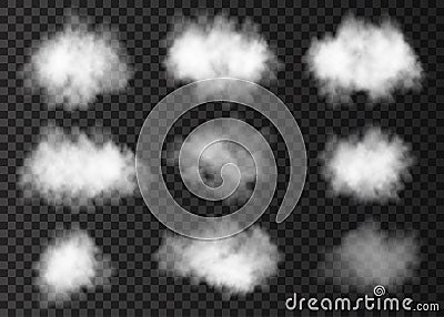 Set of white smoke cloud on transparent background. Vector Illustration