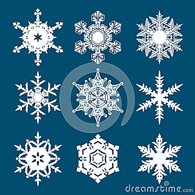 Set of white snowflakes isolated on blue background. Vector. Vector Illustration