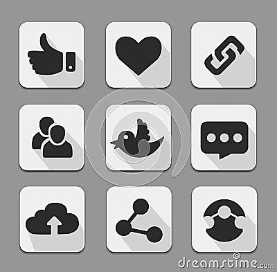 Set of white social network icons buttons with twitter bird cloud like hand chain links people chat global network heart Cartoon Illustration