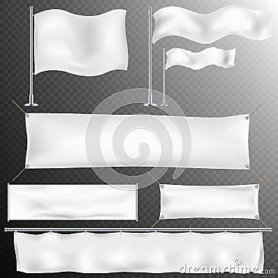 Set of 8 White textile banner and flags. EPS 10 Vector Illustration