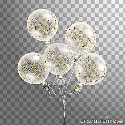 Set of white transparent balloon with confetti in the air . Frosted party balloons for event design. Party decorations fo Vector Illustration