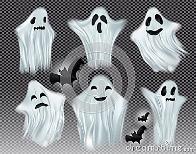 Set white transparent ghost vector illustration. Ghosts isolated on dark background. The concept of halloween, monster Vector Illustration