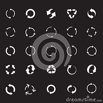 Set of white vector arrows on black background for web. Outline Refresh and Reload arrows. COLLECTION OF ICONS Vector Illustration