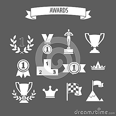 set of white vector award success and victory icons with trophies cups ribbons medals medallions wreath and a podium on grey Vector Illustration