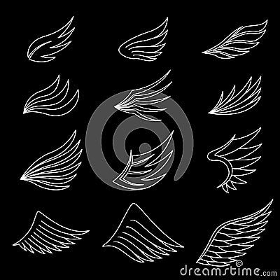 Set of white wings on black background Vector Illustration