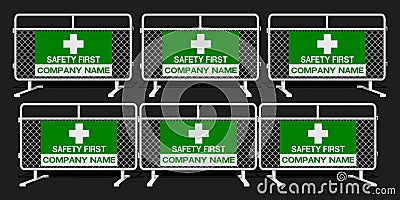 Set of white wire steel barrier with safety sign on transparent background Vector Illustration