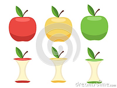 Set of whole apples and Apple cores Vector Illustration