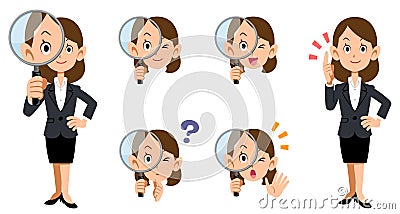 A set of whole body and facial expressions of a business lady to investigate with a magnifying glass Vector Illustration