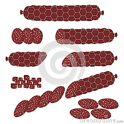 Set whole sausage salami, slice pork ham Vector Illustration