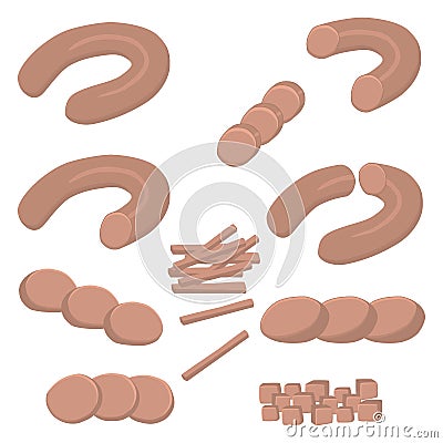 Set whole sausage salami, slice pork ham Vector Illustration